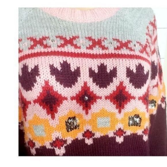 Cinq A Sept Women’s Size XS Sweater Purple Gianni Fair Isle Sequin Wool Y2K - Picture 6 of 15